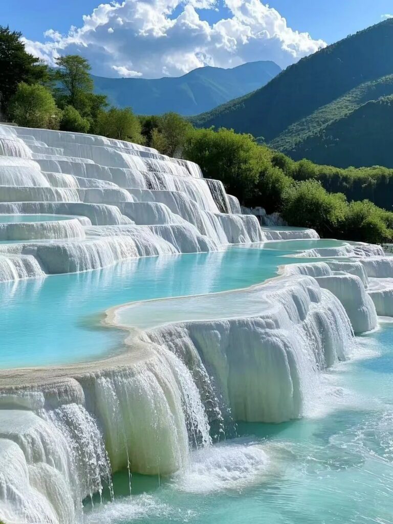 白水台:碳酸鈣沉積層層疊疊,仙氣十足。雲南旅遊景點精選
