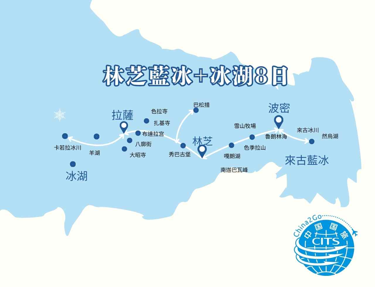 Route map for the 8-day Nyingchi winter tour in Tibet, highlighting a journey to exploration of magnificent glaciers and stunning natural blue ice caves.