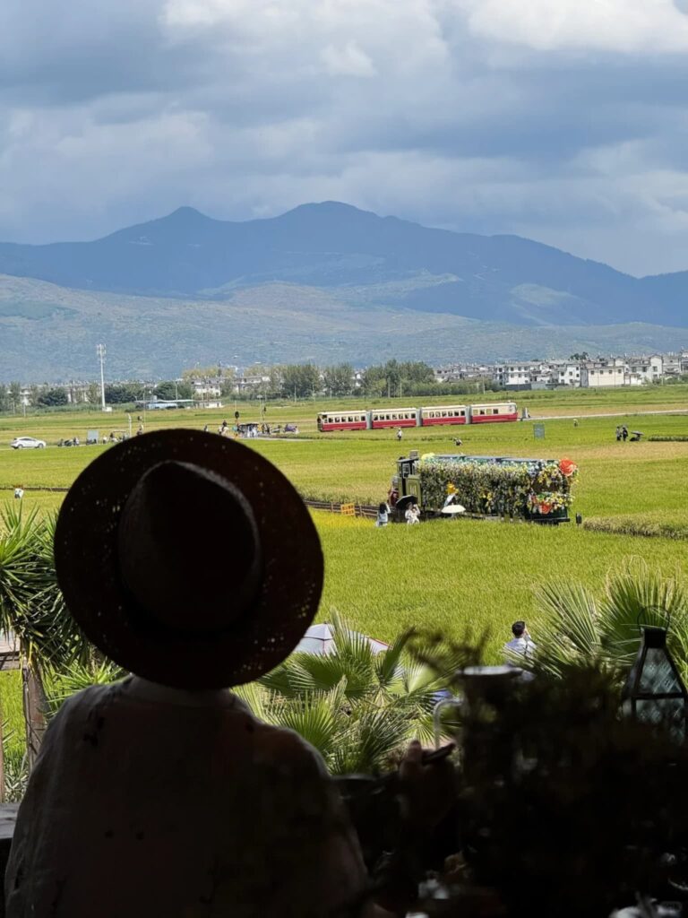 喜洲古鎮稻田風景與小火車,遠眺蒼山與白族村落,雲南大理田園景觀