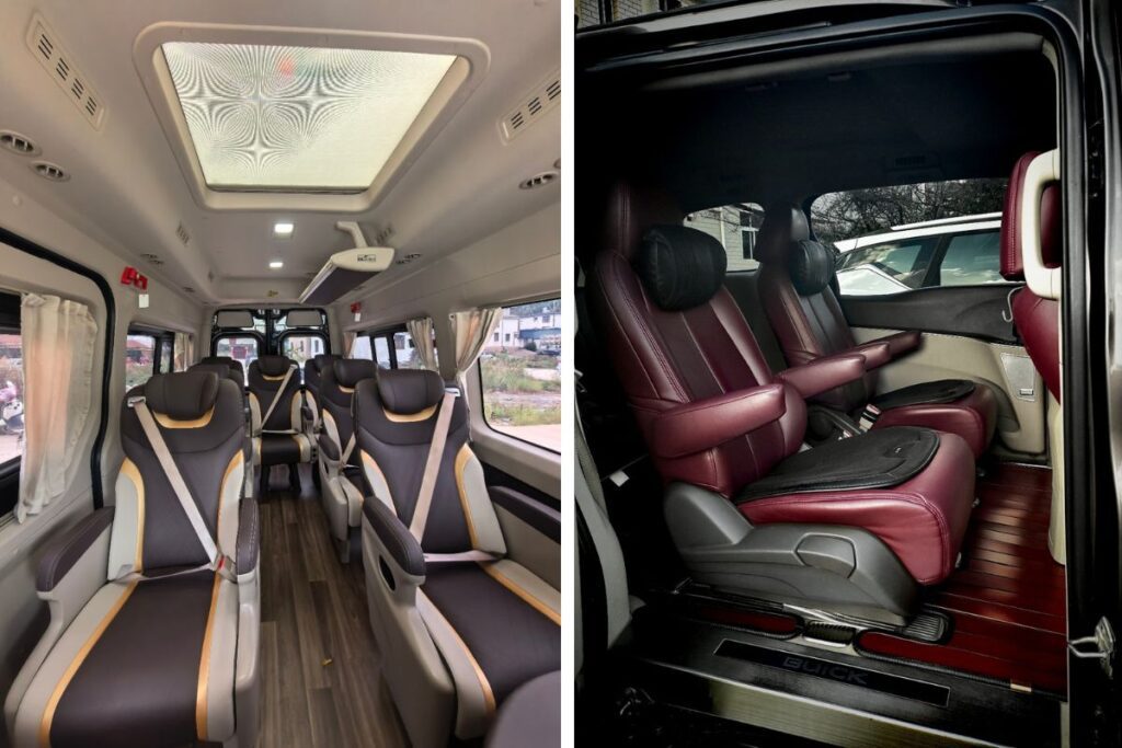 雲南旅遊推薦|昆大麗瀘沽湖8日深度慢遊,最值得的雲南行程 - CITS China International Travel Service CITS 中国国旅 China2Go 云南行程用车内装对比,左侧为 9 座豪华旅游车厢,深灰金边航空式独立座椅排列整齐、天窗采光充足;右侧为别克 GL8 商务车厢,酒红色真皮独立座椅宽敞舒适,木纹地板质感精致