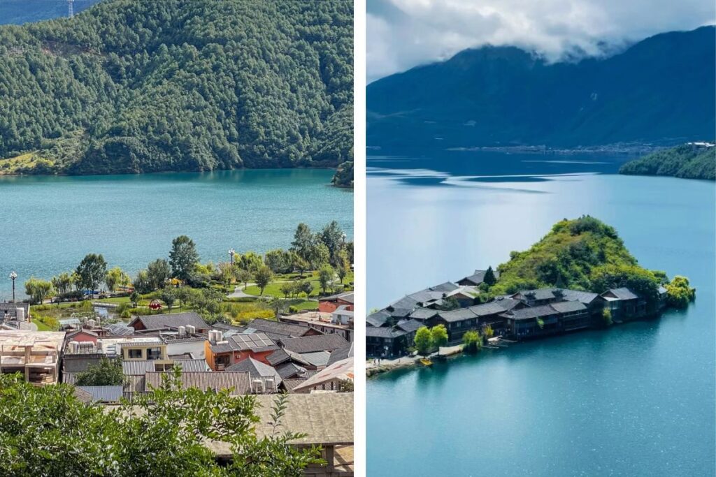 雲南旅遊推薦|昆大麗瀘沽湖8日深度慢遊,最值得的雲南行程 - CITS China International Travel Service 泸沽湖里务比岛全景俯瞰,小岛四面环绕深蓝湖水,岛上密集排列传统深褐色木造建筑,岛顶翠绿树木覆盖,远处湖面开阔,层叠翠绿山脉延伸至地平线,蓝天白云倒映湖中