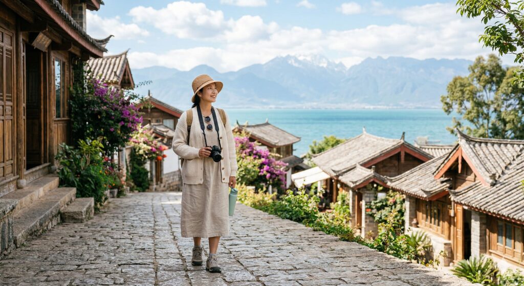 雲南旅遊費用完整攻略|最佳季節、必去景點與經典路線 - CITS China International Travel Service 束河古鎮石板路漫步,背景為洱海與蒼山,雲南旅遊必去景點