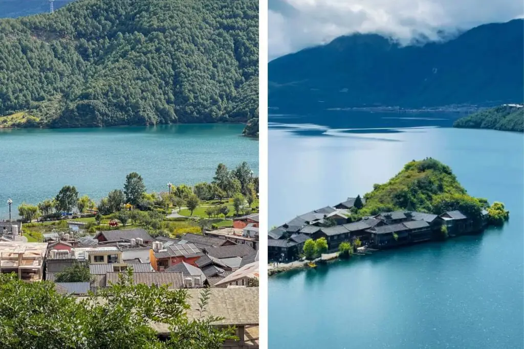 雲南旅遊推薦|昆大麗瀘沽湖8日深度慢遊,最值得的雲南行程|國旅環球-China2Go 瀘沽湖里務比島全景俯瞰,小島四面環繞深藍湖水,島上密集排列傳統深褐色木造建築,島頂翠綠樹木覆蓋,遠處湖面開闊,層疊翠綠山脈延伸至地平線,藍天白雲倒映湖中